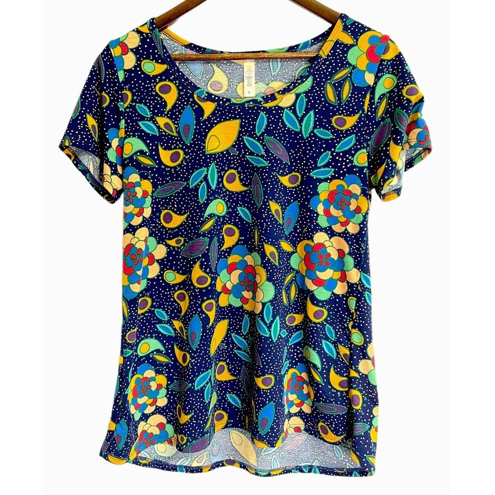 LuLaRoe  T Shirt Womens Small Navy Blue Floral Short Sleeve